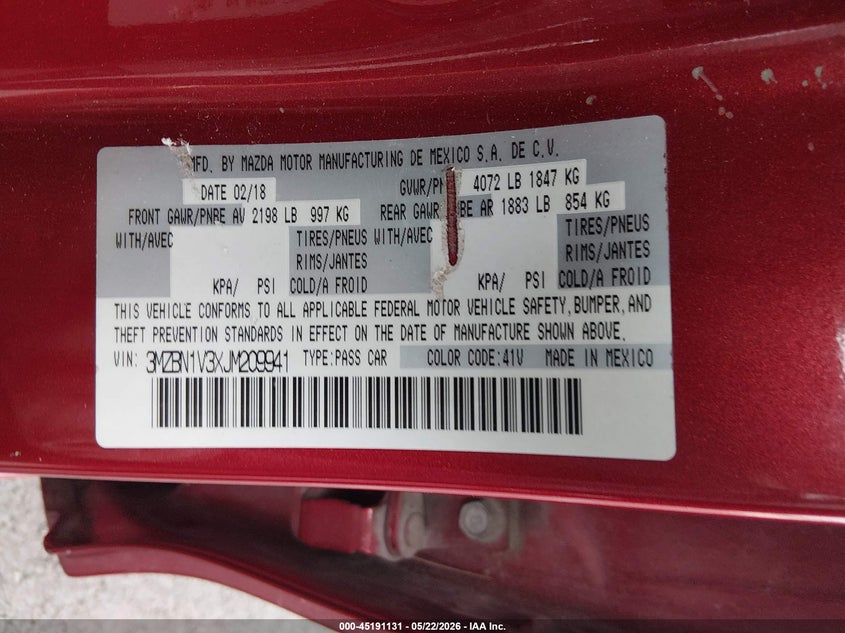 2018 MAZDA 3 SEDAN 2.5L I-4 DI, DOHC, VVT, 184HP