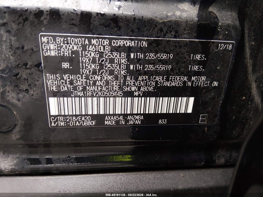 VIN JTMA1RFV2KD505445 2019 TOYOTA RAV4 XLE PREMIUM
