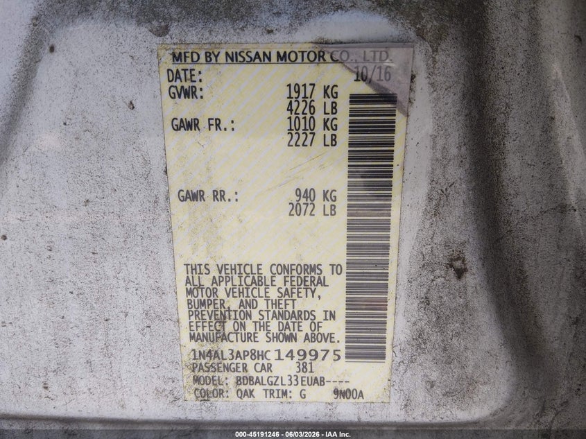 VIN 1N4AL3AP8HC149975 2017 NISSAN ALTIMA 2.5 S