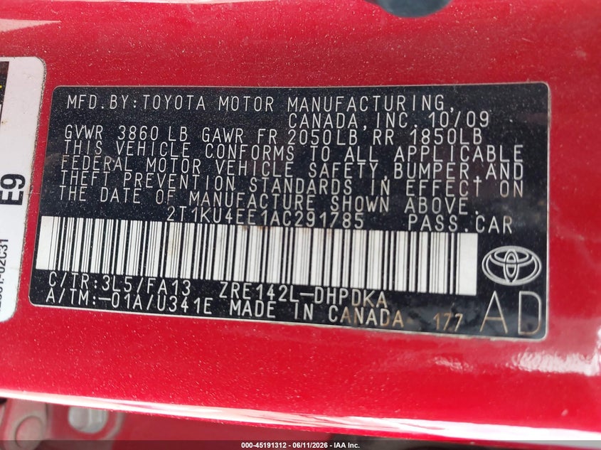 2010 Toyota Matrix VIN: 2T1KU4EE1AC291785 Lot: 45191312