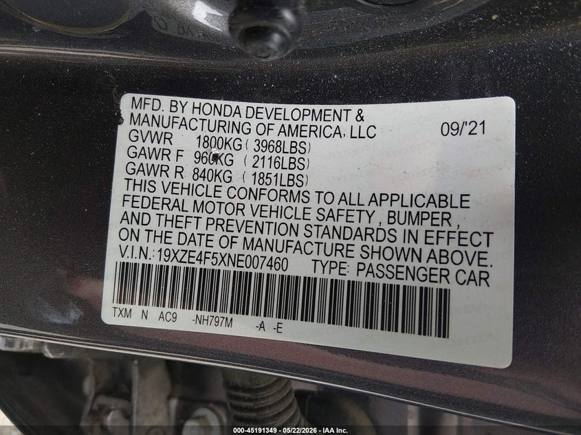 2022 Honda Insight Ex VIN: 19XZE4F5XNE007460 Lot: 45191349
