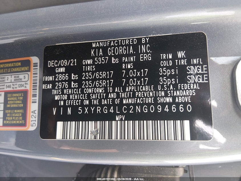 2022 Kia Sorento Lx VIN: 5XYRG4LC2NG094660 Lot: 45191356