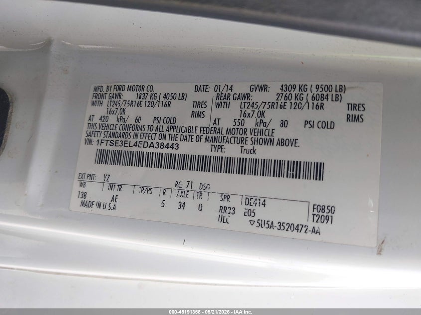2014 Ford E-350 Super Duty Commercial VIN: 1FTSE3EL4EDA38443 Lot: 45191358