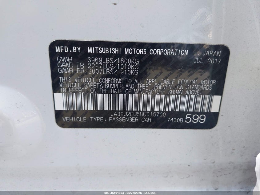 2017 Mitsubishi Lancer Es/Le VIN: JA32U2FU5HU015700 Lot: 45191394
