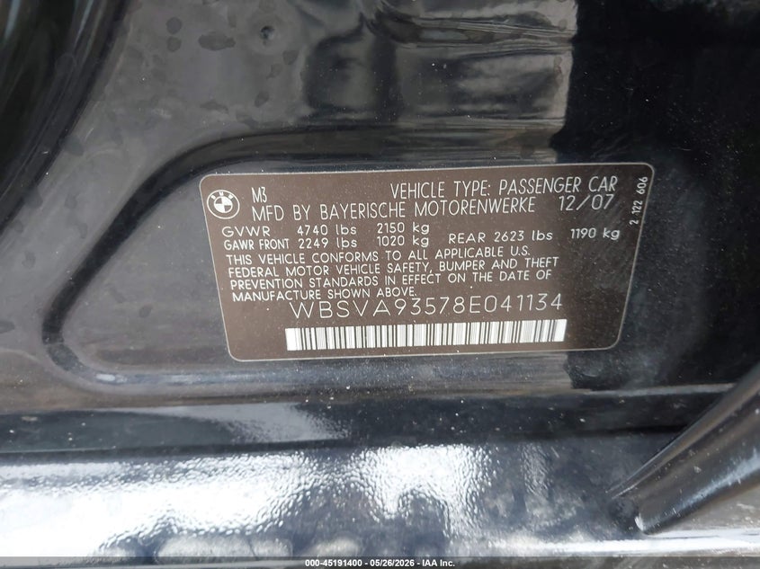 2008 BMW M3 VIN: WBSVA93578E041134 Lot: 45191400