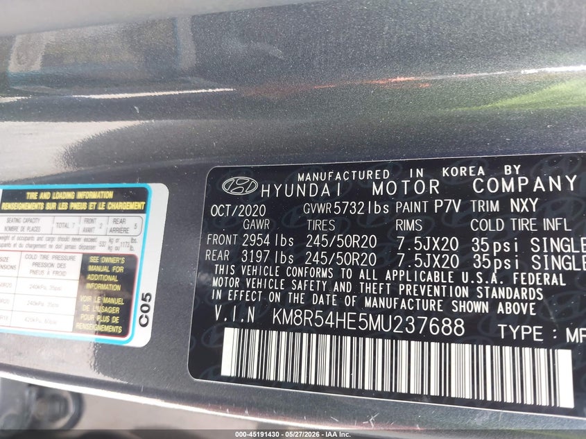 2021 Hyundai Palisade Limited VIN: KM8R54HE5MU237688 Lot: 45191430