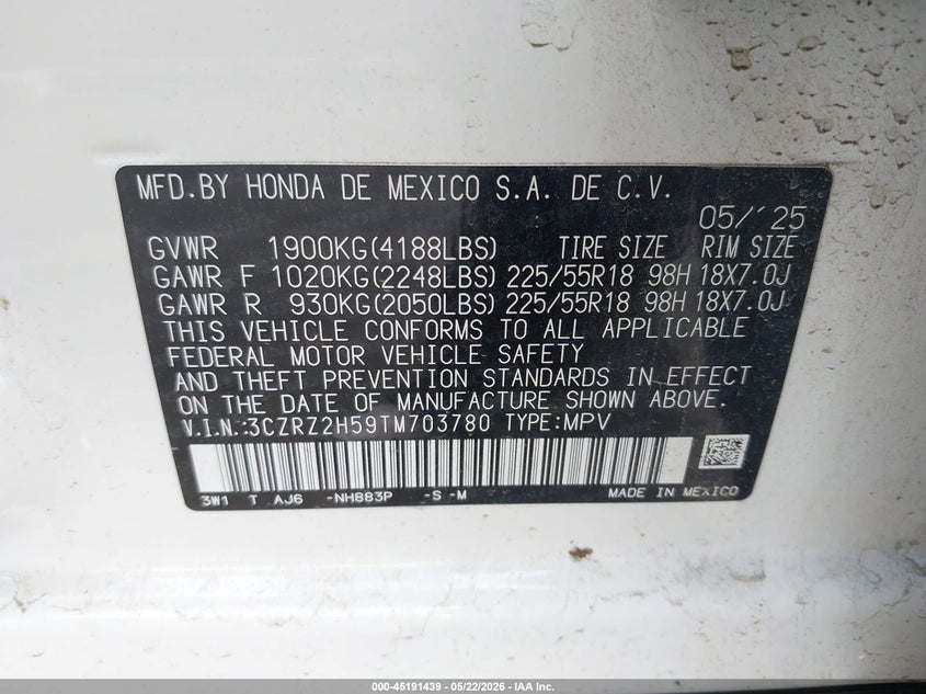 VIN 3CZRZ2H59TM703780 2026 HONDA HR-V AWD SPORT