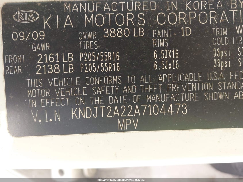 2010 Kia Soul + VIN: KNDJT2A22A7104473 Lot: 45191475