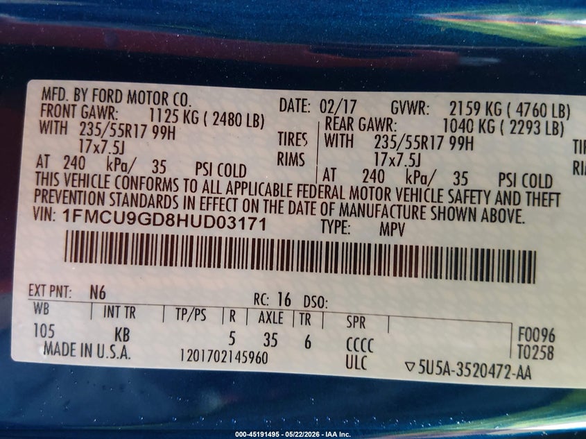 VIN 1FMCU9GD8HUD03171 2017 FORD ESCAPE SE