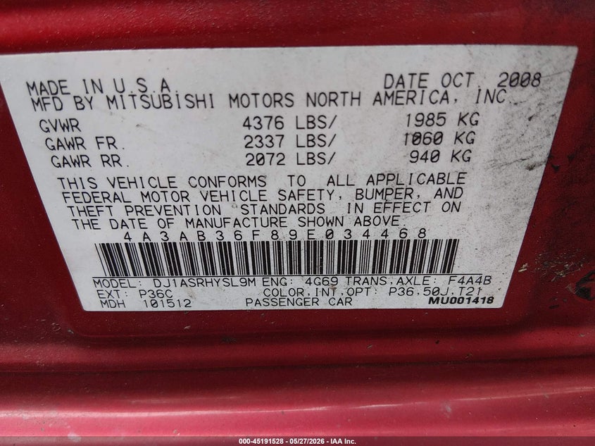 2009 Mitsubishi Galant Es/Sport Edition VIN: 4A3AB36F89E034468 Lot: 45191528