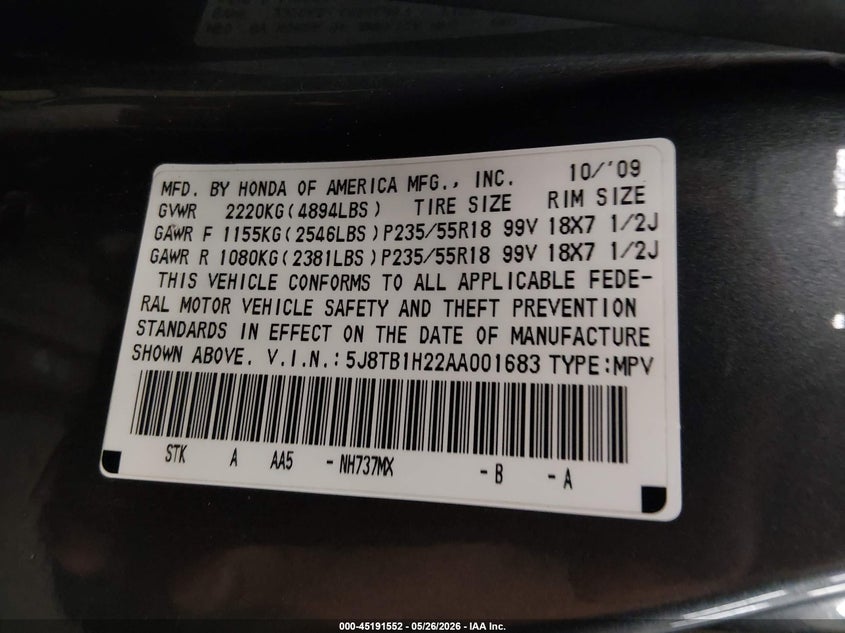 2010 Acura Rdx VIN: 5J8TB1H22AA001683 Lot: 45191552
