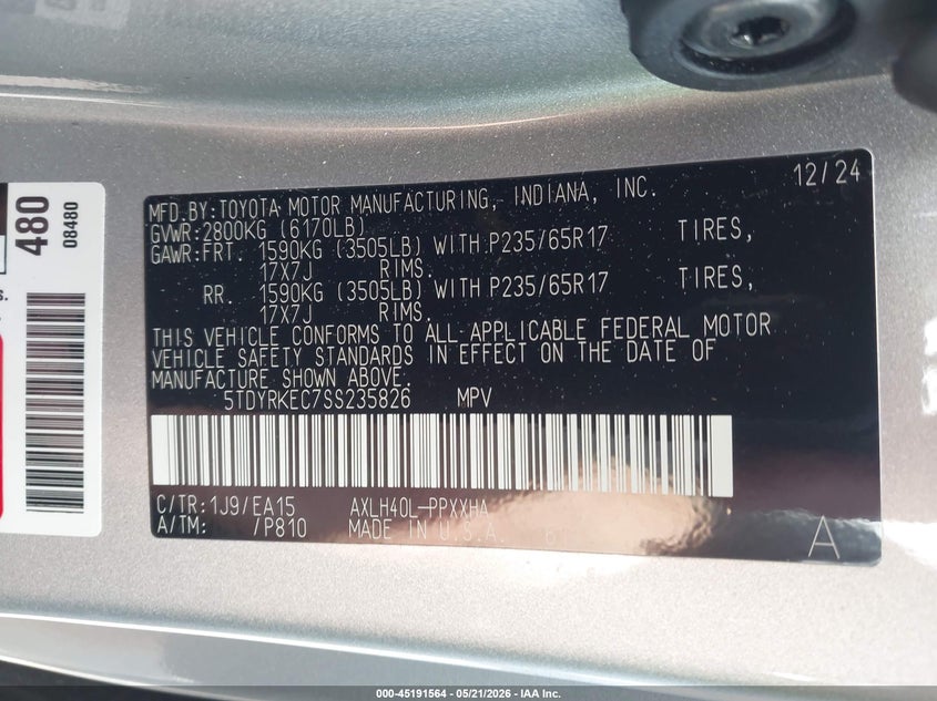 2025 TOYOTA SIENNA 2.5L I-4 DI, DOHC, V(VIN: 5TDYRKEC7SS235826