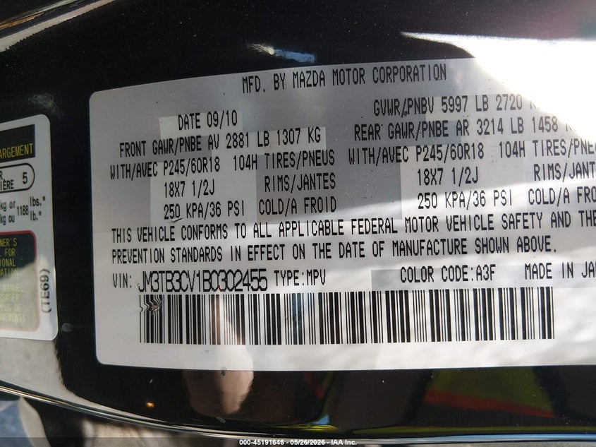 2011 Mazda Cx-9 Touring VIN: JM3TB3CV1B0302455 Lot: 45191646