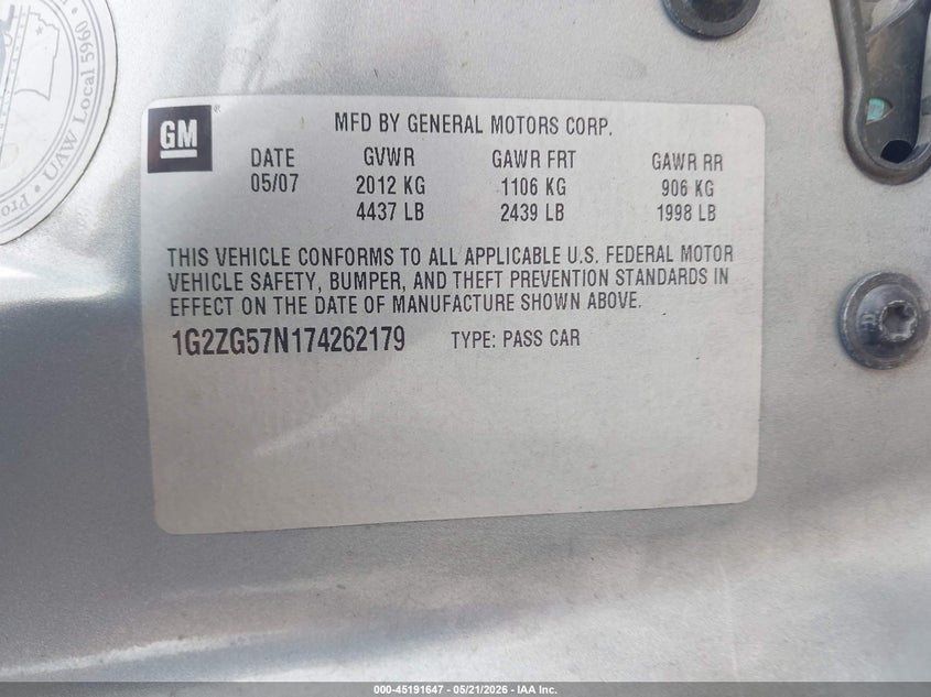2007 Pontiac G6 VIN: 1G2ZG57N174262179 Lot: 45191647