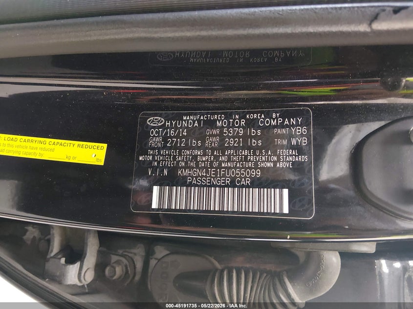 2015 Hyundai Genesis 3.8 VIN: KMHGN4JE1FU055099 Lot: 45191735