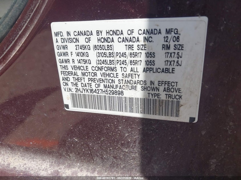 2007 Honda Ridgeline Rts VIN: 2HJYK16427H529898 Lot: 45191791