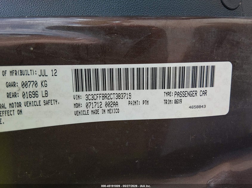 2012 Fiat 500 Sport VIN: 3C3CFFBR2CT383719 Lot: 45191809
