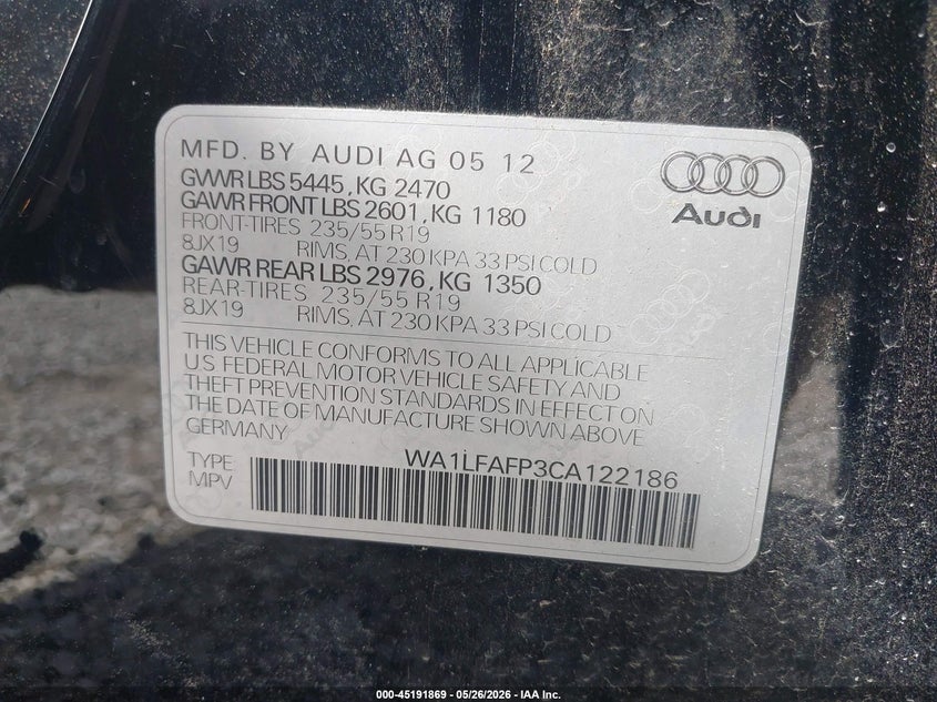 2012 Audi Q5 2.0 2.0T Premium black Lot 111045191869 Vin WA1LFAFP3CA122186