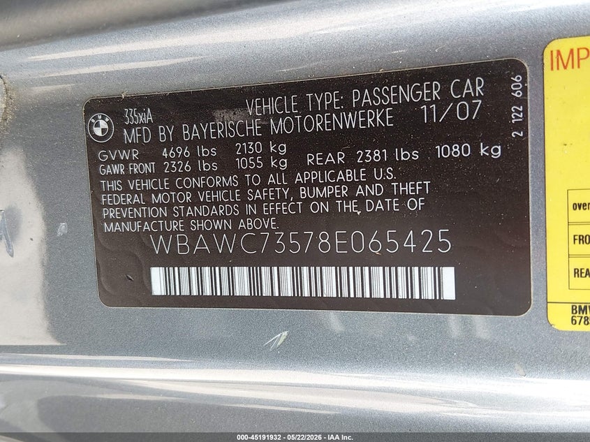 2008 BMW 3ER COUPE 3.0L I-6 DI, DOHC, VVT, TURBO, 300HP