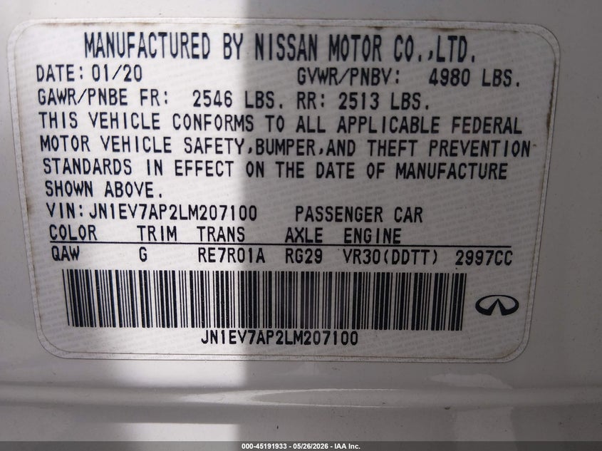 2020 Infiniti Q50 Luxe VIN: JN1EV7AP2LM207100 Lot: 45191933