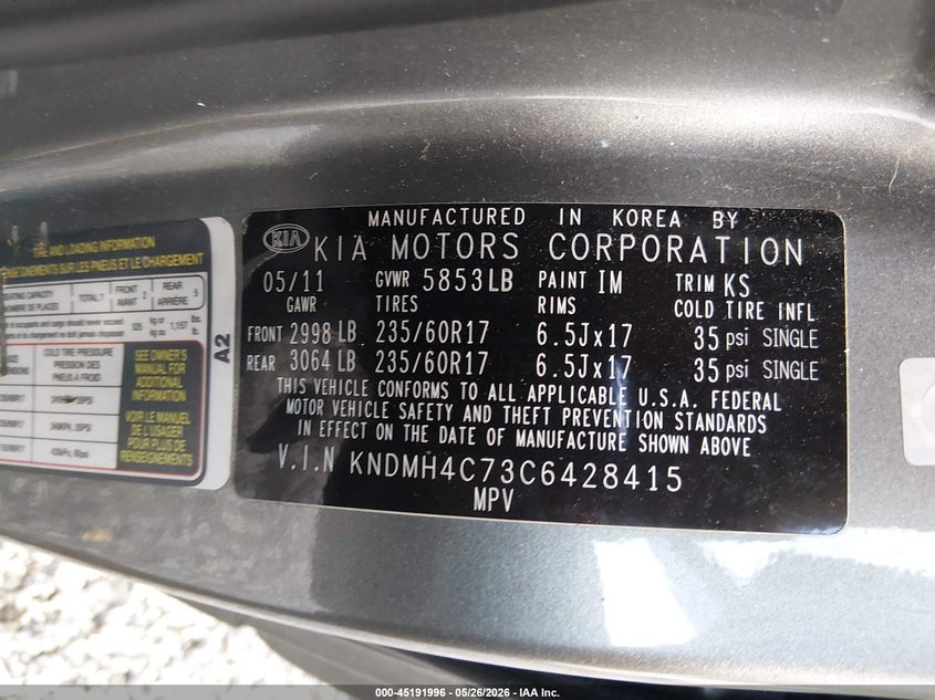 2012 Kia Sedona Ex VIN: KNDMH4C73C6428415 Lot: 45191996