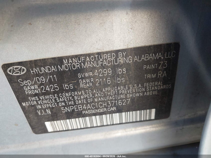 2012 Hyundai Sonata 2.4 Gls silver Lot 111045192004 Vin 5NPEB4AC1CH371627