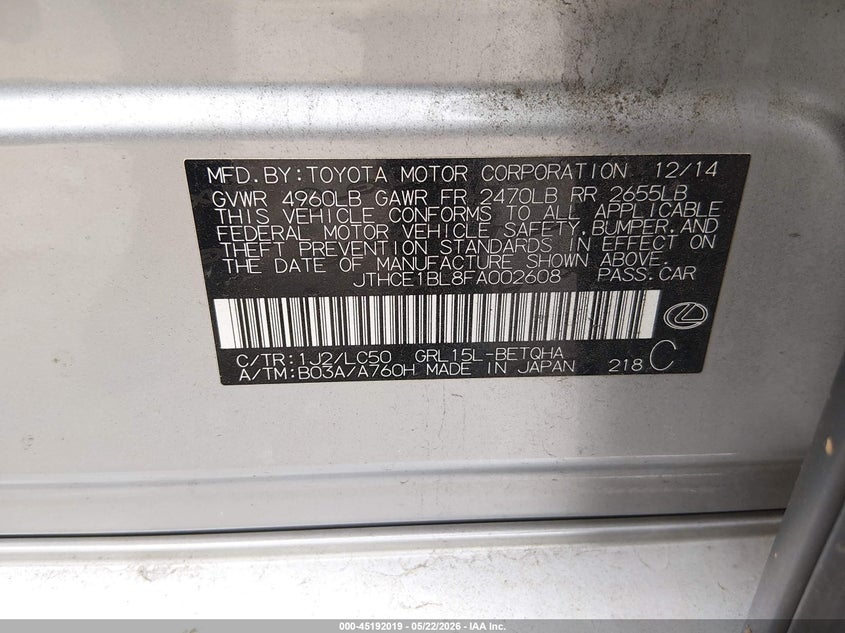 2015 Lexus Gs 350 VIN: JTHCE1BL8FA002608 Lot: 45192019