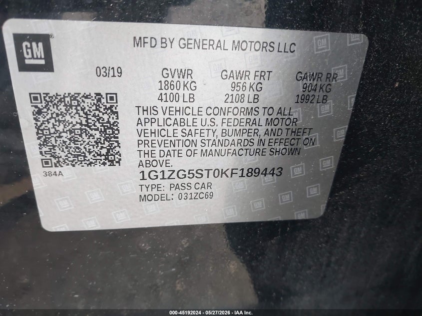 CHEVROLET MALIBU 2019 VIN 1G1ZG5ST0KF189443