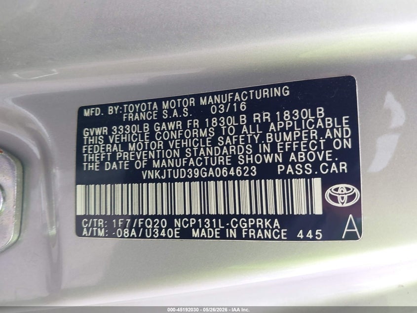 2016 Toyota Yaris L VIN: VNKJTUD39GA064623 Lot: 45192030