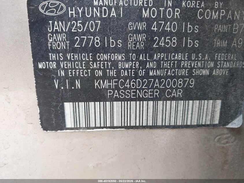 2007 Hyundai Azera Gls VIN: KMHFC46D27A200879 Lot: 45192050