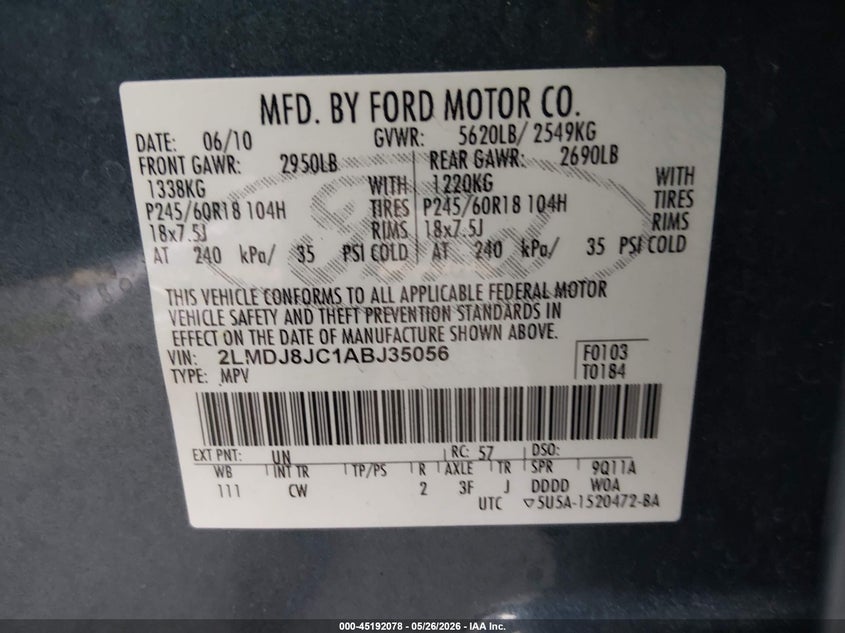 2010 Lincoln Mkx VIN: 2LMDJ8JC1ABJ35056 Lot: 45192078