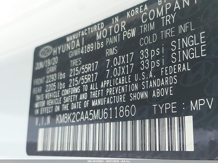 2021 Hyundai Kona Sel VIN: KM8K2CAA5MU611860 Lot: 45192081