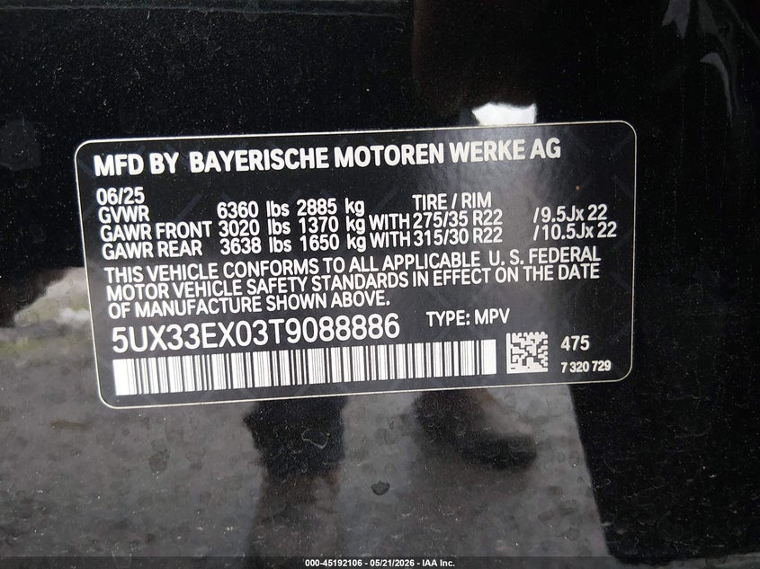 2026 BMW X6 xDrive40I VIN: 5UX33EX03T9088886 Lot: 45192106