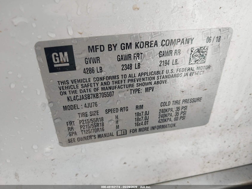 2019 Buick Encore Fwd Preferred VIN: KL4CJASB7KB705507 Lot: 45192174
