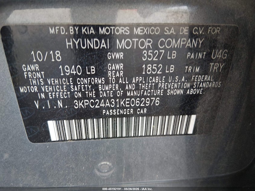 HYUNDAI ACCENT 2019 VIN 3KPC24A31KE062976