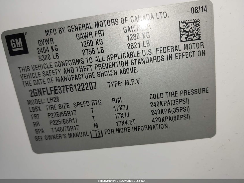 2015 CHEVROLET EQUINOX SPORT UTILITY VEHICLE 3.6L V-6 DI, DOHC, VVT, 301HP