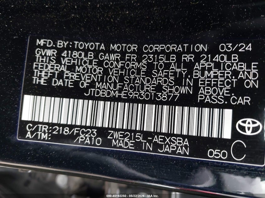 VIN JTDBDMHE9R3013877 2024 TOYOTA COROLLA HYBRID SE
