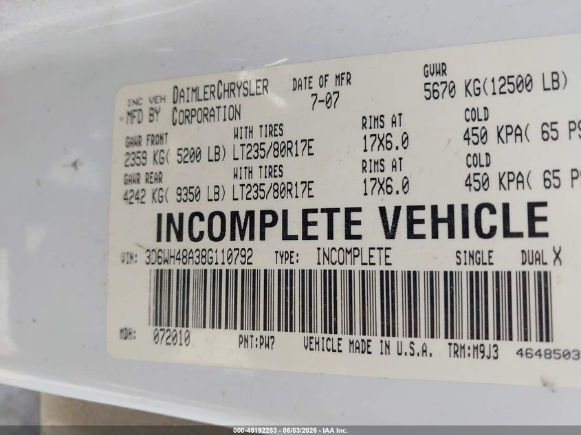 2008 Dodge Ram 3500 Hd Chassis St/Slt/Laramie VIN: 3D6WH48A38G110792 Lot: 45192253