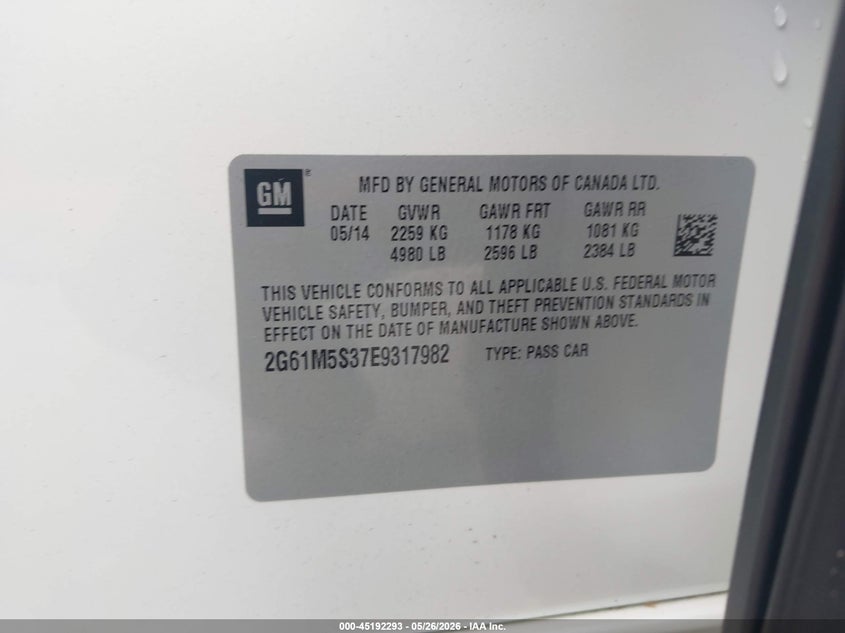 2014 Cadillac Xts Luxury VIN: 2G61M5S37E9317982 Lot: 45192293