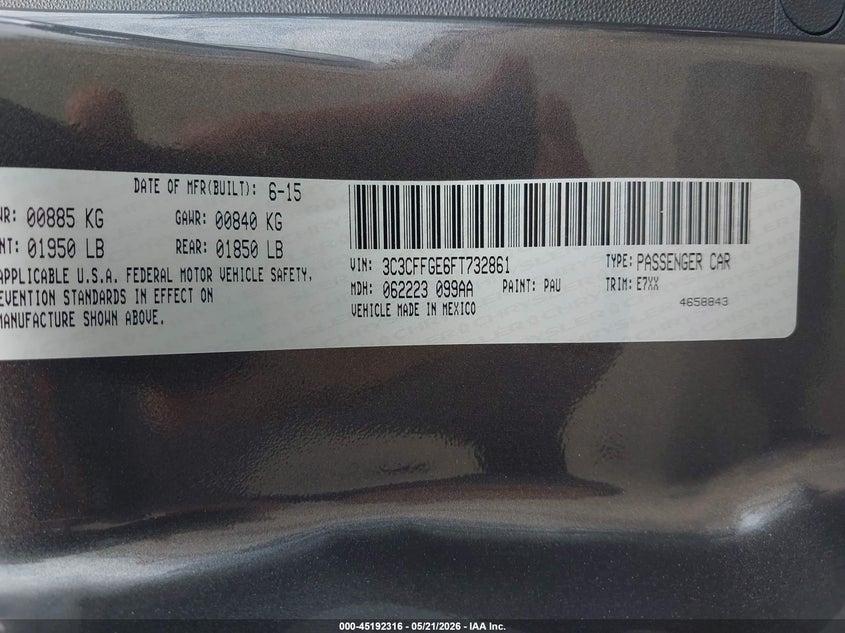 2015 Fiat 500E Battery Electric VIN: 3C3CFFGE6FT732861 Lot: 45192316