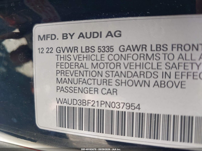 2023 Audi A6 Premium 45 Tfsi Quattro S Tronic VIN: WAUD3BF21PN037954 Lot: 45192479