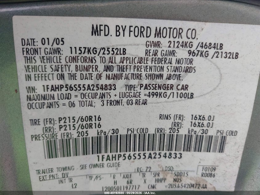 2005 Ford Taurus Sel VIN: 1FAHP56S55A254833 Lot: 45192555