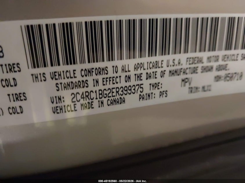 2014 Chrysler Town & Country Touring VIN: 2C4RC1BG2ER399375 Lot: 45192560