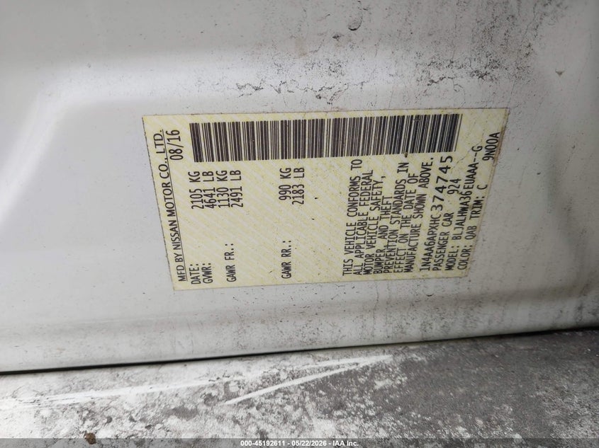 VIN 1N4AA6APXHC374745 2017 NISSAN MAXIMA 3.5 PLATINUM