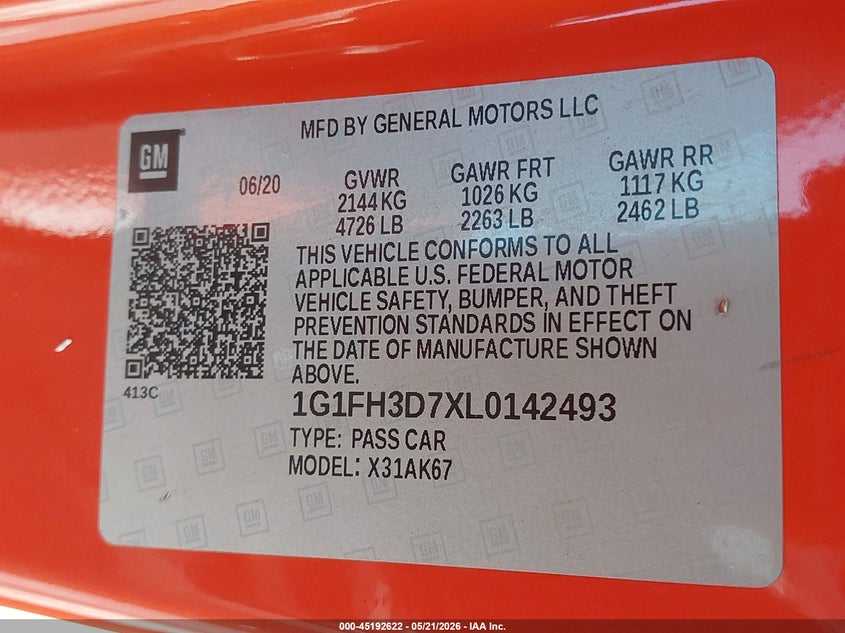 2020 Chevrolet Camaro Rwd 2Ss VIN: 1G1FH3D7XL0142493 Lot: 45192622