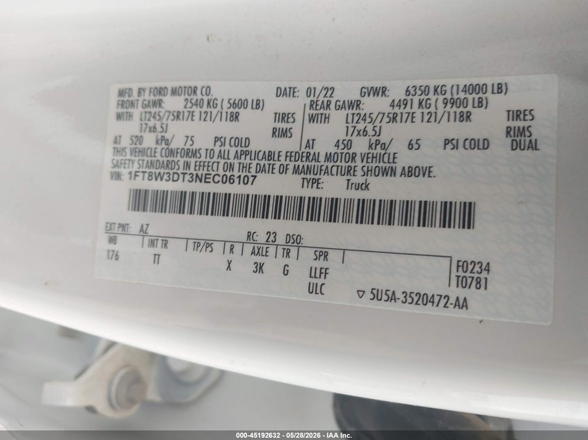 2022 Ford F-350 Limited VIN: 1FT8W3DT3NEC06107 Lot: 45192632