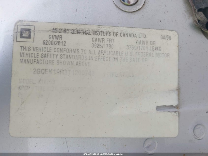1996 Chevrolet Gmt-400 K1500 VIN: 2GCEK19R3T1200743 Lot: 45192639