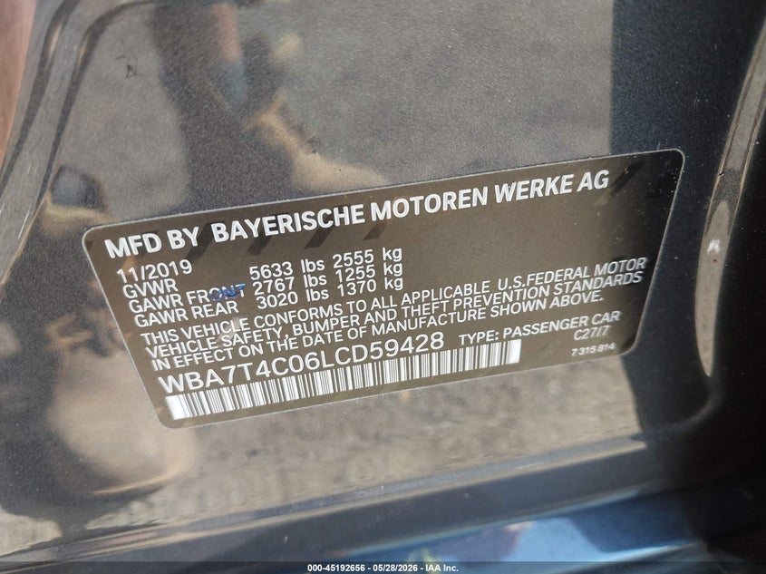 2020 BMW 740I xDrive VIN: WBA7T4C06LCD59428 Lot: 45192656