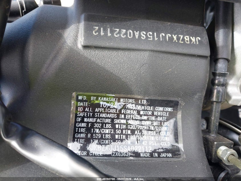 2025 Kawasaki Zx636 K VIN: JKBZXJJ15SA022112 Lot: 45192708