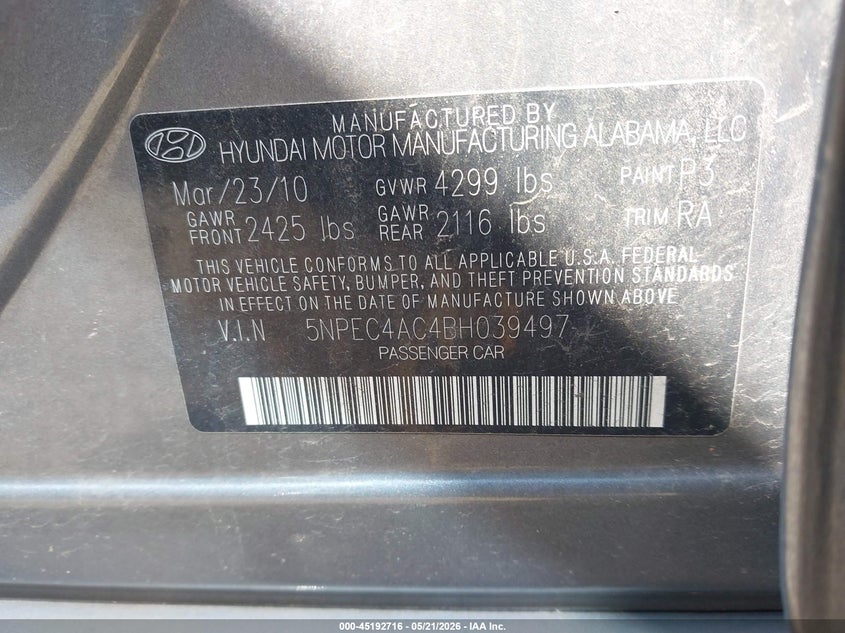 2011 HYUNDAI SONATA SEDAN 2.4L I-4 DI, DOHC, VVT, 200HP